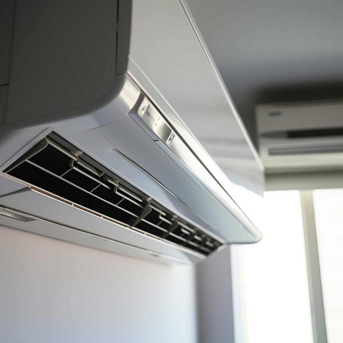 Unité intérieure de climatisation réversible installée, diffusion d’air optimisée et système réglé pour un confort thermique constant.